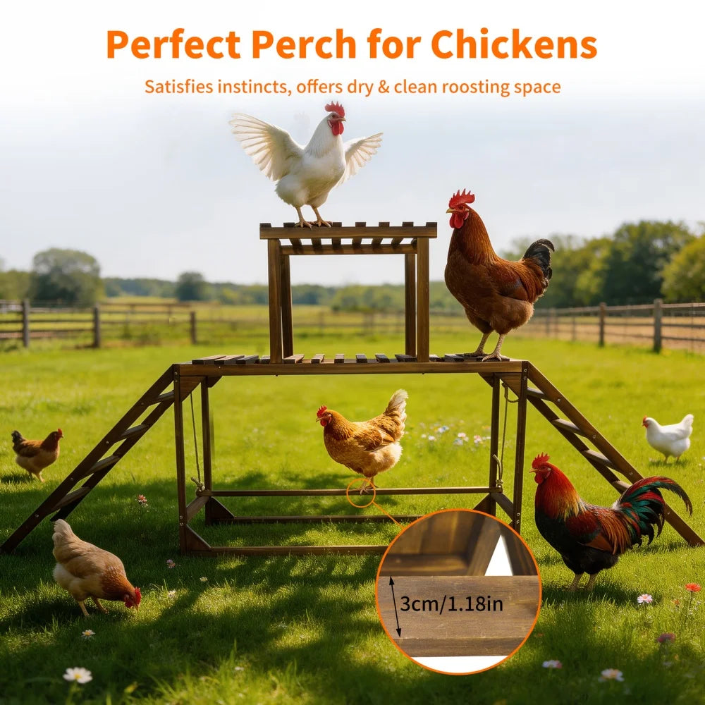 Wooden chicken perch with chickens on a grassy field