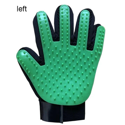 Left hand Green grooming glove with black accents on a white background
