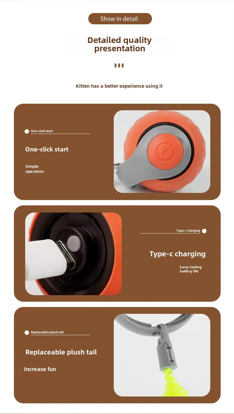 Product features with images and text on a brown background