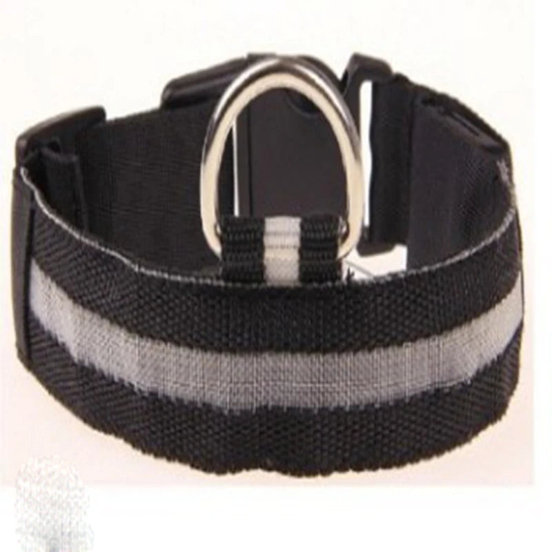 A black nylon dog collar with a wide reflective silver-gray stripe and a silver metal D-ring, shown on a plain white background.