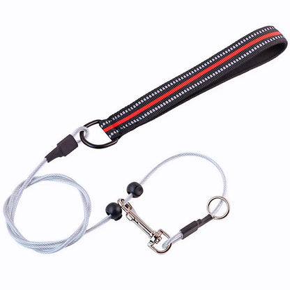 A black nylon dog leash with a red and white reflective stripe, attached to a silver steel cable and clasp, on a white background.