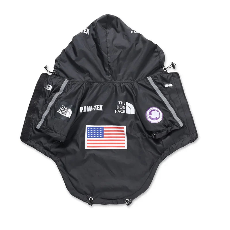 Black dog raincoat with American flag design on a white background