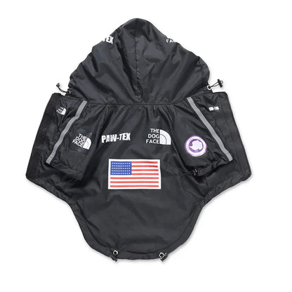 Black dog raincoat with American flag design on a white background