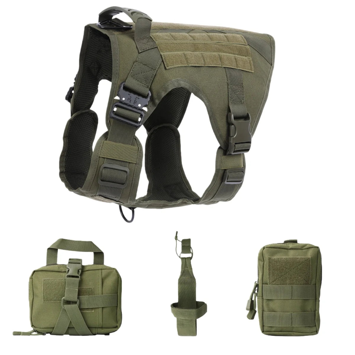 Green tactical dog harness and accessories on a white background