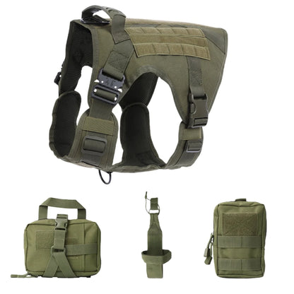 Green tactical dog harness and accessories on a white background