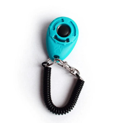 Turquoise pet training clicker with black coiled leash on a white background