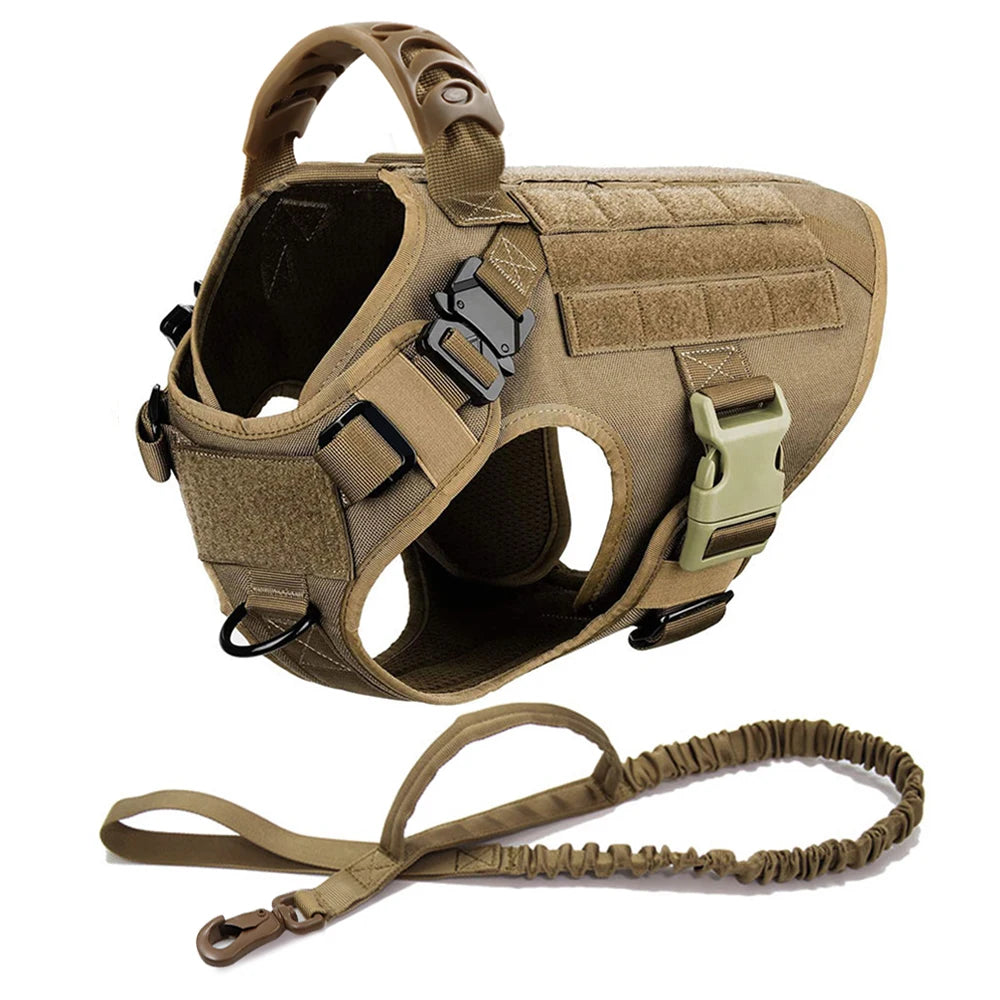 Tan tactical dog harness with leash on a white background