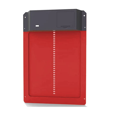 Red rectangular device with a black top section on a white background