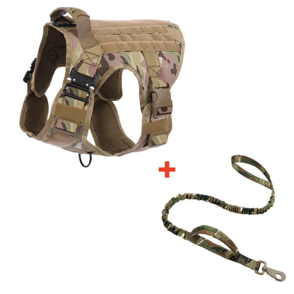 Camouflage dog harness and leash set on a white background