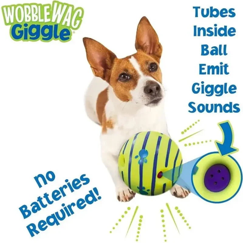 Dog playing with a Wobble Wag Giggle toy, which emits giggle sounds without batteries.