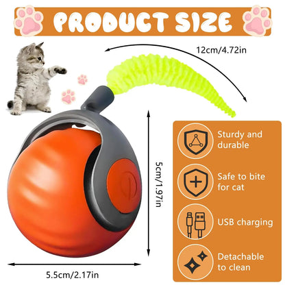 Cat toy with USB charging feature, showing product size and features.