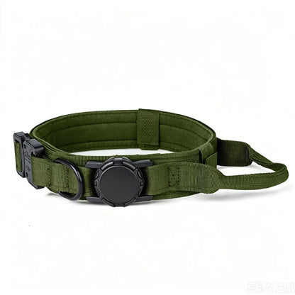 An olive green tactical belt with a black quick-release buckle and a central circular black accessory, shown on a plain white background.