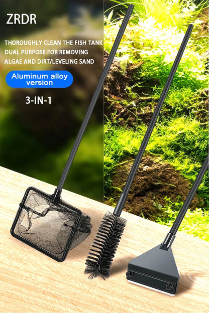 Three-in-one aquarium cleaning tool with a fish tank background