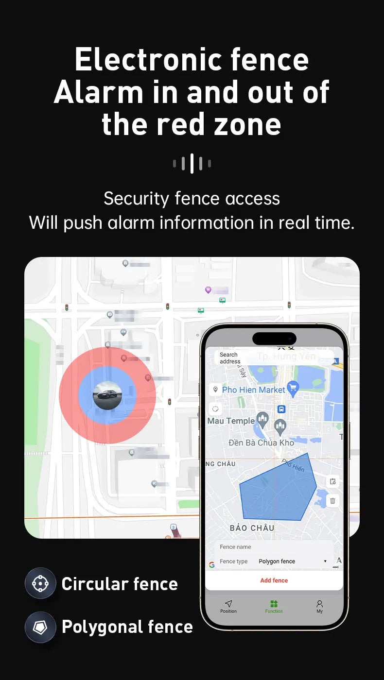 Security app interface with map and phone showing electronic fence and alarm system.
