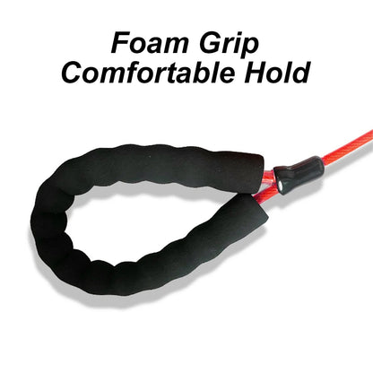 Black foam grip on a red and black leash with text 'Foam Grip Comfortable Hold' on a white background.
