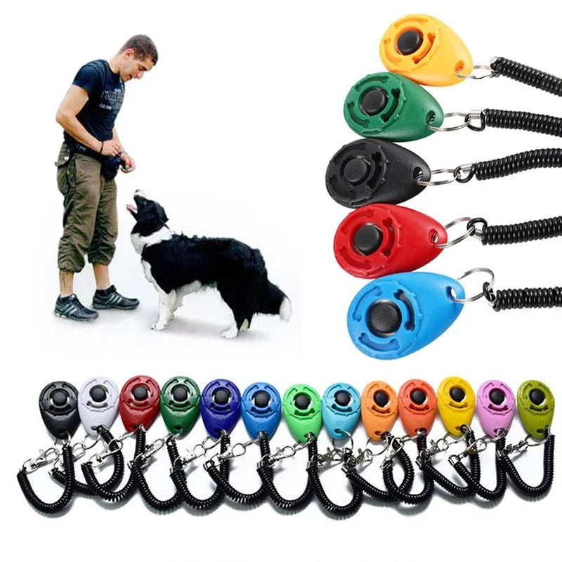 Dog training clickers in various colors with a person and dog on a white background