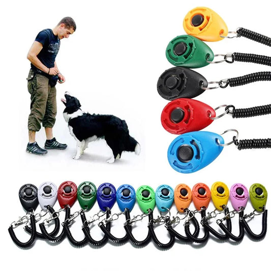 Dog training clickers in various colors with a person and dog on a white background