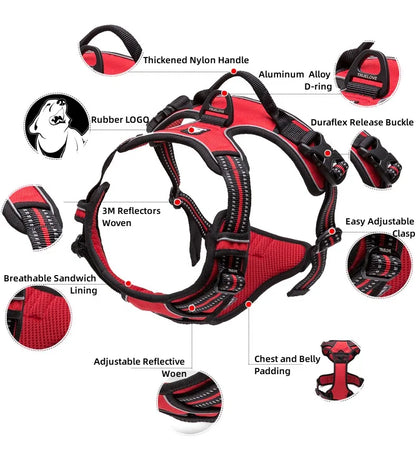 Red and black dog harness with features labeled on a white background