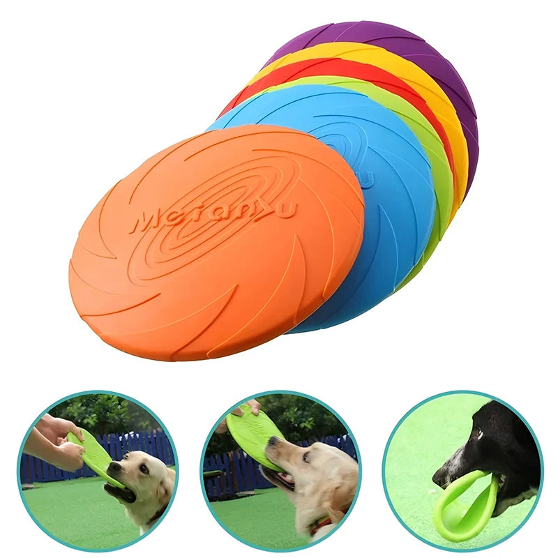 Set of colorful dog frisbees with 'Meianyu' branding on an orange disc, surrounded by other colored frisbees.