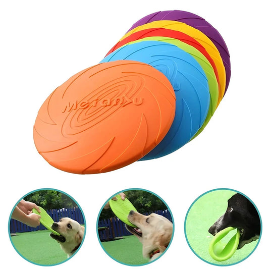 Set of colorful dog frisbees with 'Meianyu' branding on an orange disc, surrounded by other colored frisbees.