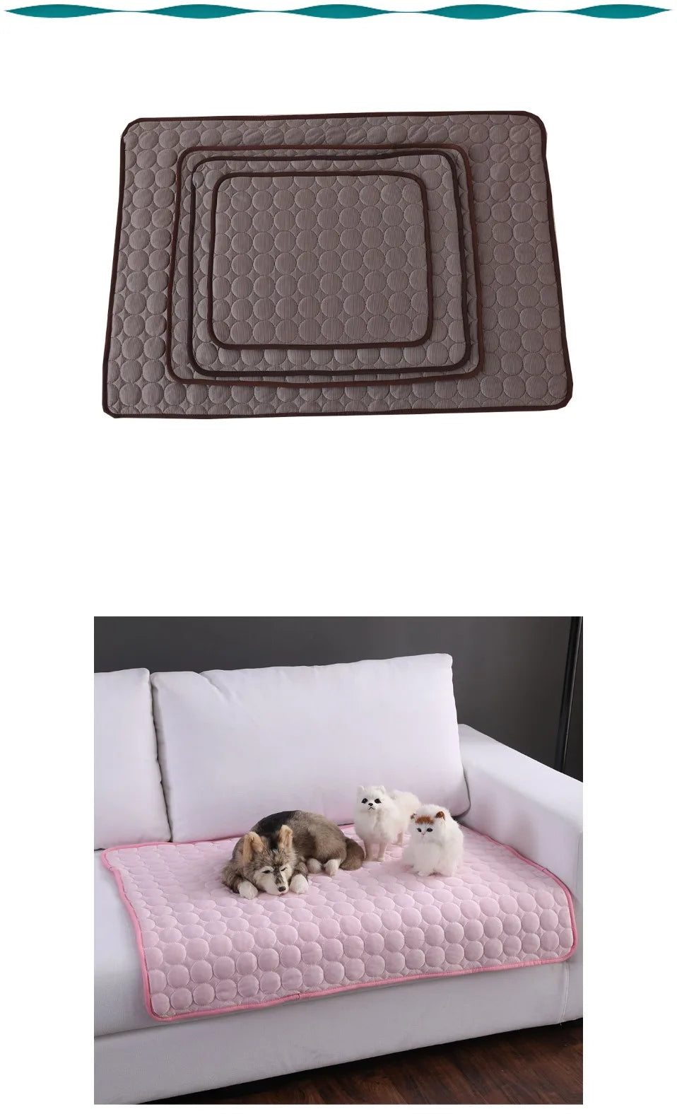 Quilted pet pad in brown on a white background, with two cats on a pink quilted pad on a bed.