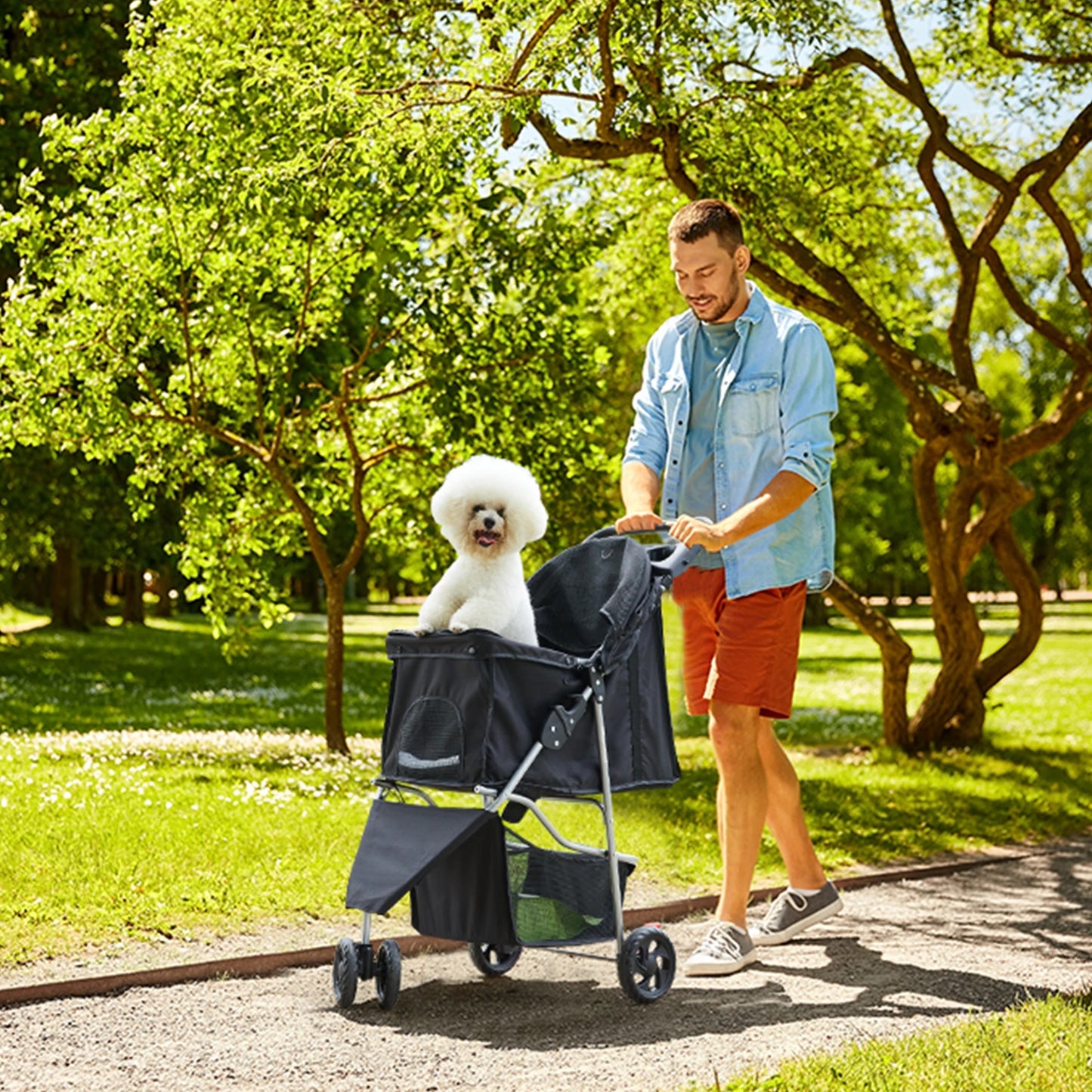 3 Wheels Foldable Stroller with Mesh Windows  Basket Cup Holder