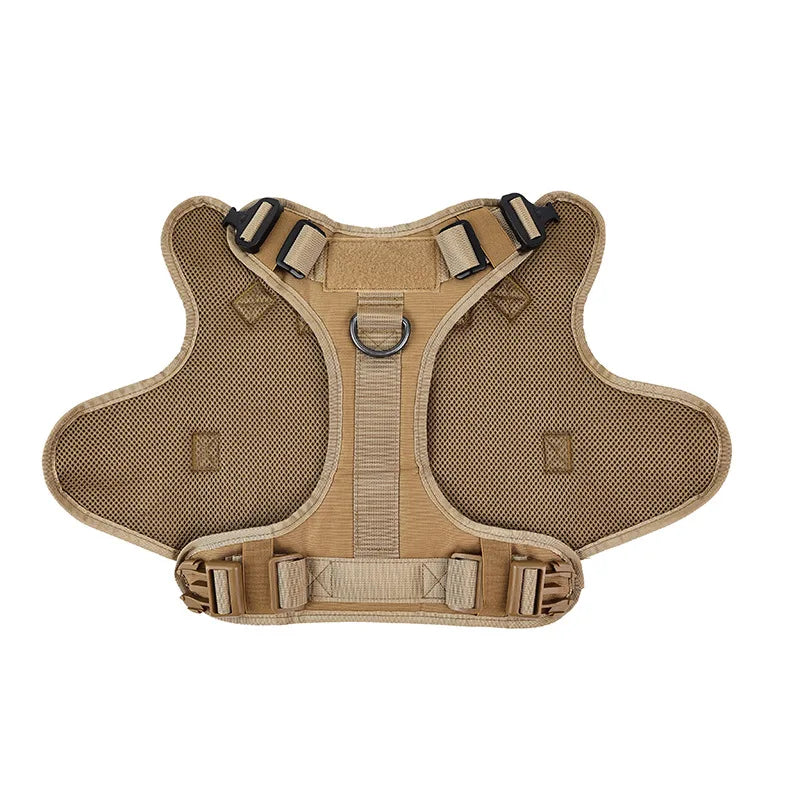 Tan tactical dog harness on a white background