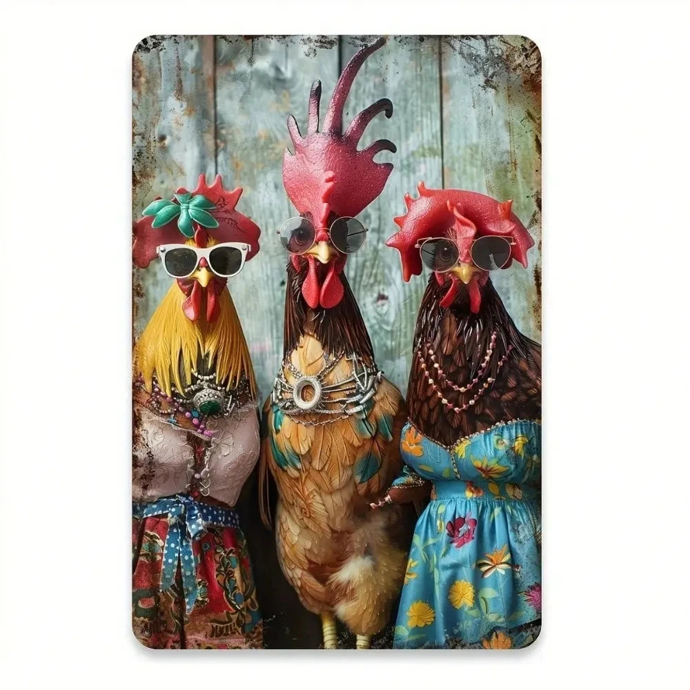 A rectangular wall art print or plaque featuring three anthropomorphic decorative roosters standing against a weathered rustic wooden background. The roosters wear sunglasses, colorful dresses, and ornate jewelry.
