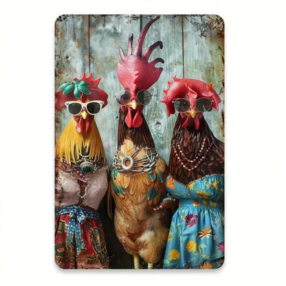 A rectangular wall art print or plaque featuring three anthropomorphic decorative roosters standing against a weathered rustic wooden background. The roosters wear sunglasses, colorful dresses, and ornate jewelry.