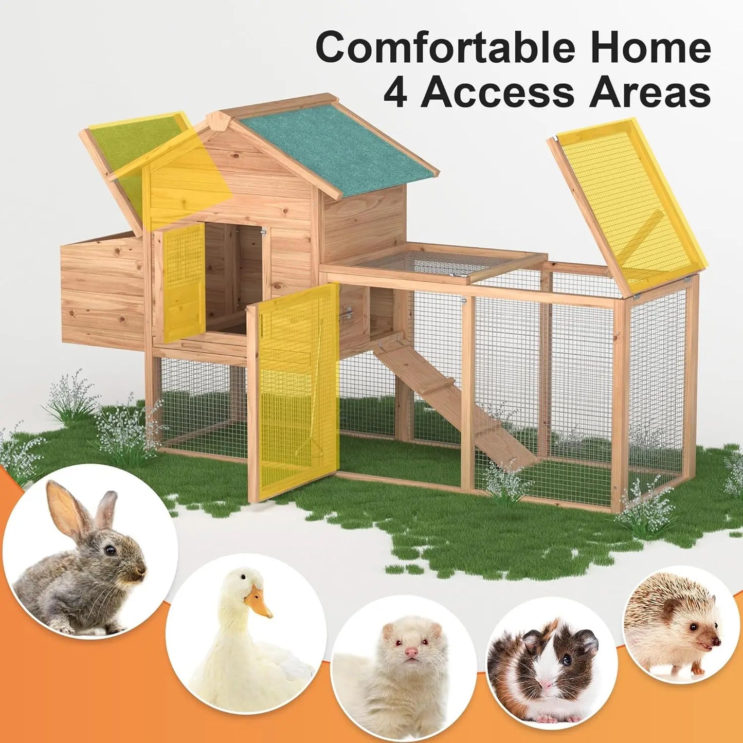 Wooden pet house with yellow doors on a grassy background, featuring images of small animals.