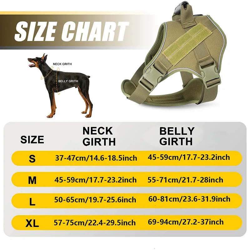 Dog harness size chart with measurements on a white background