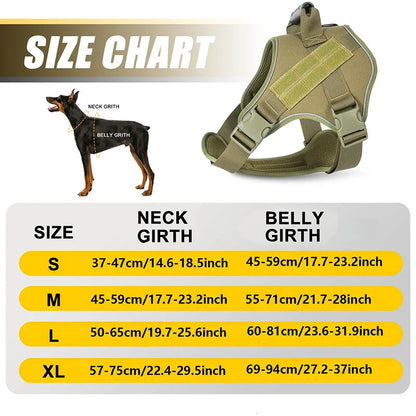 Dog harness size chart with measurements on a white background