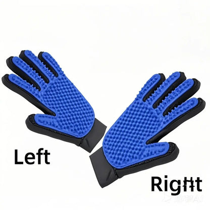 Blue grooming gloves a right hand one and a left hand one with black accents on a white background