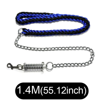 A braided dog leash with a blue and black pattern and a silver metal chain, featuring a spring-loaded clasp and a black text overlay at the bottom indicating the length as 1.4M (55.