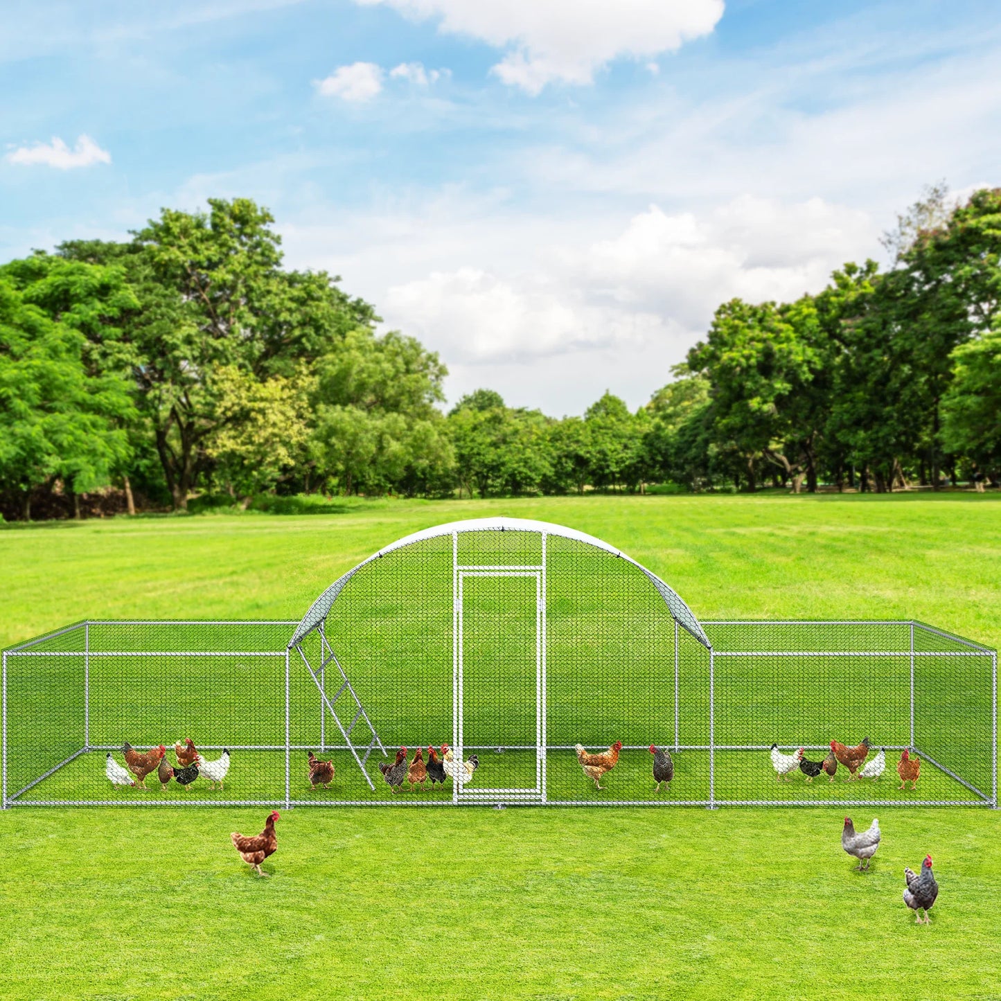 23ft Metal Chicken Coop 3-Room Dome-Roof Poultry Pen