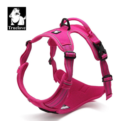 Pink dog harness with black accents on a white background, featuring the Truelove brand logo.