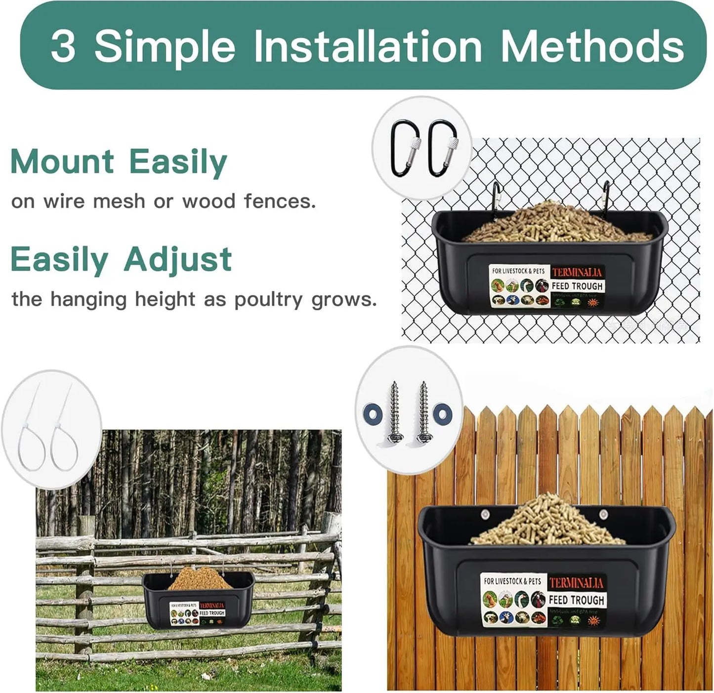 2 Pack Green Poultry Feeder with Clips, Hanging Fence Trough