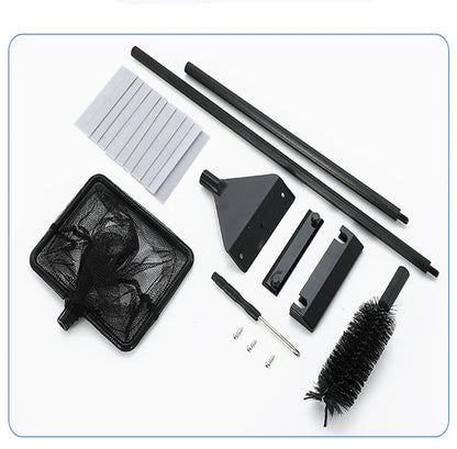 Collection of cleaning tools including a brush, squeegee, and various attachments on a white background.