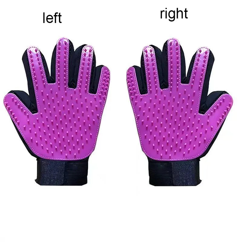 Purple grooming gloves with black accents on a white background