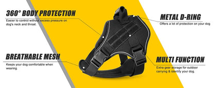 Black dog harness with features highlighted on a yellow and gray background