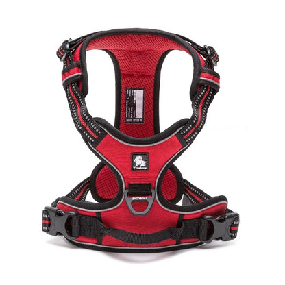 Red and black dog harness on a white background
