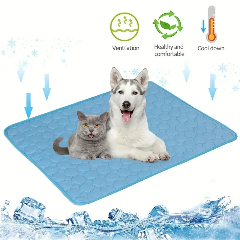 Cooling pad for pets with two dogs on it, featuring icons and text about ventilation, health, and cooling.