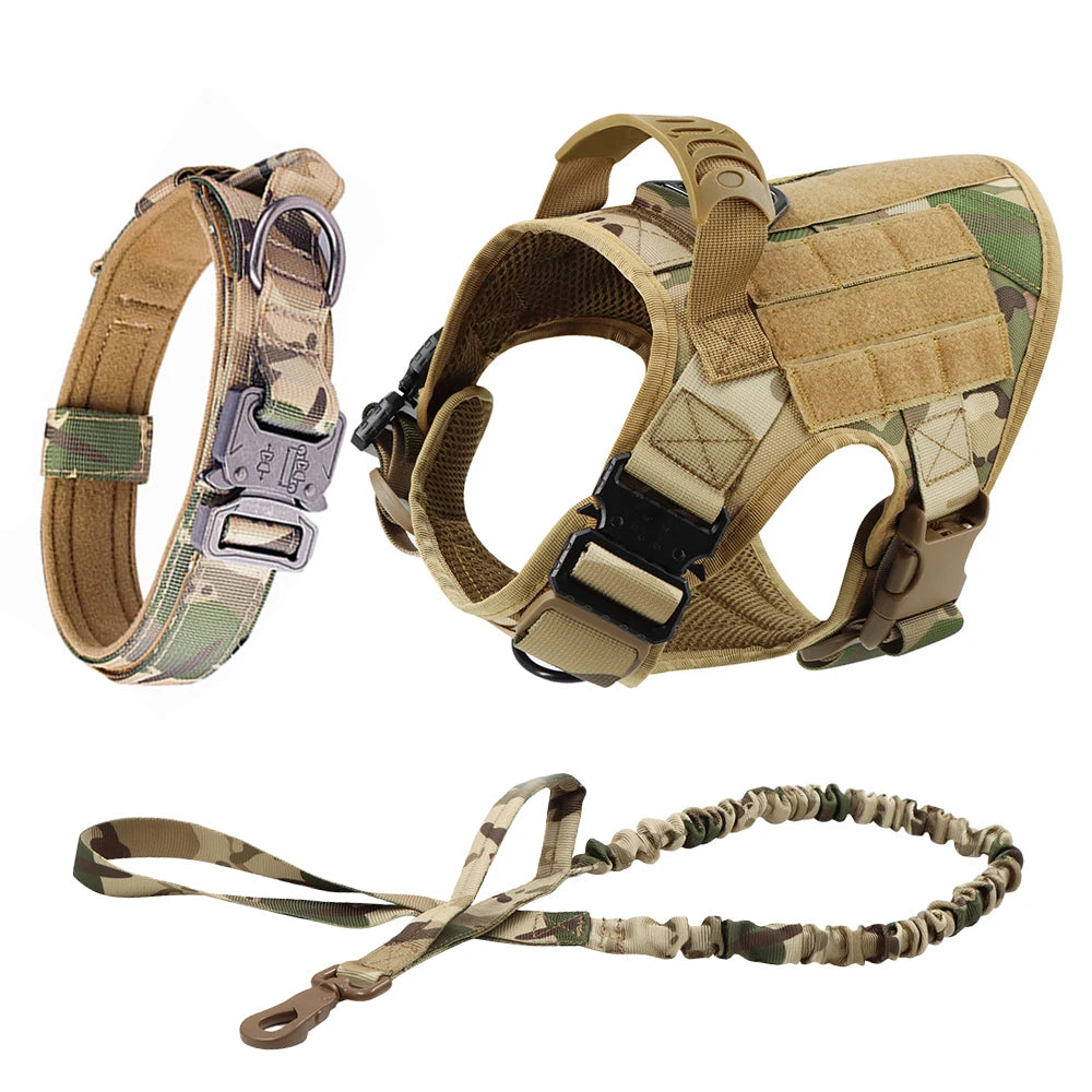 Camouflage dog harness, collar, and leash set on a white background
