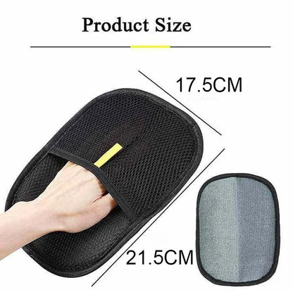 Black pet hair removal pad with hand in pocket with measurements on a white background