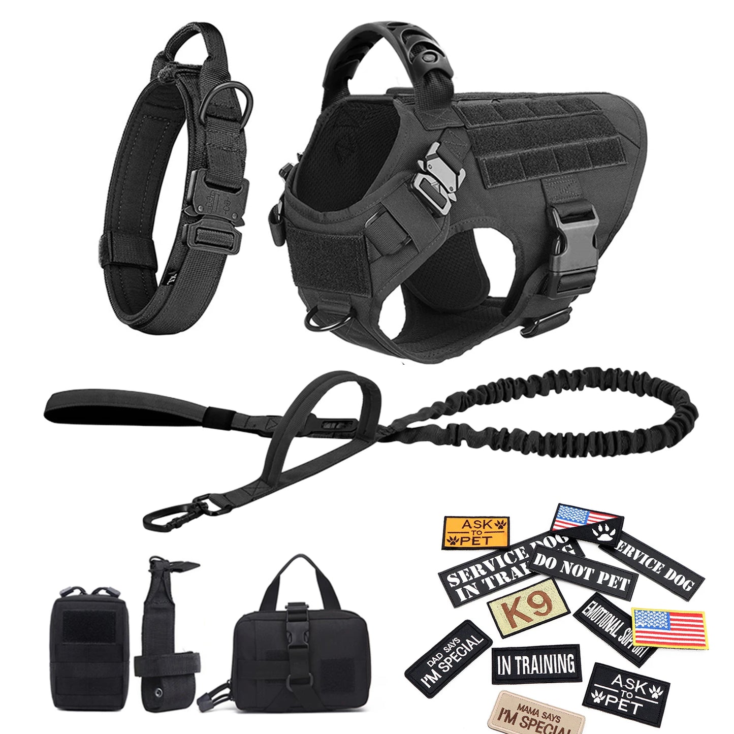 Military Large Dog Harness Collar Leash Bags Patches
