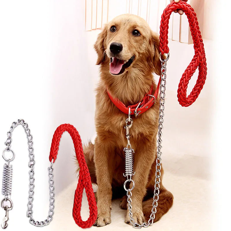 A golden retriever dog wearing a red collar with a red braided leash attached via silver metal chain and spring. The leash is also shown laid out separately on both sides against a clean white background.