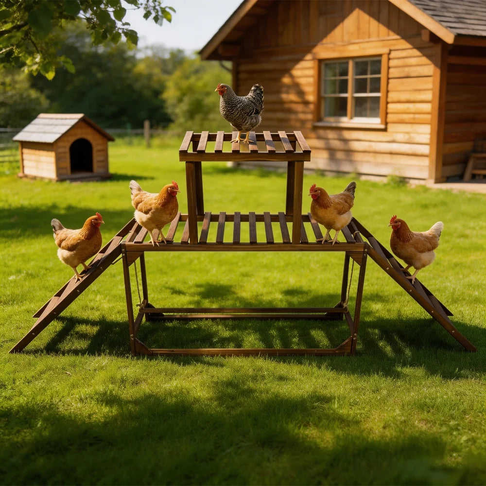 Chickens on a wooden platform in a grassy area with a wooden cabin in the background.