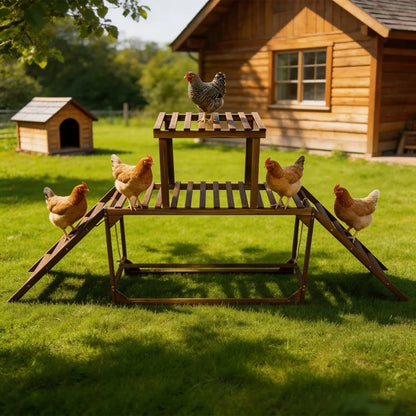 Chickens on a wooden platform in a grassy area with a wooden cabin in the background.