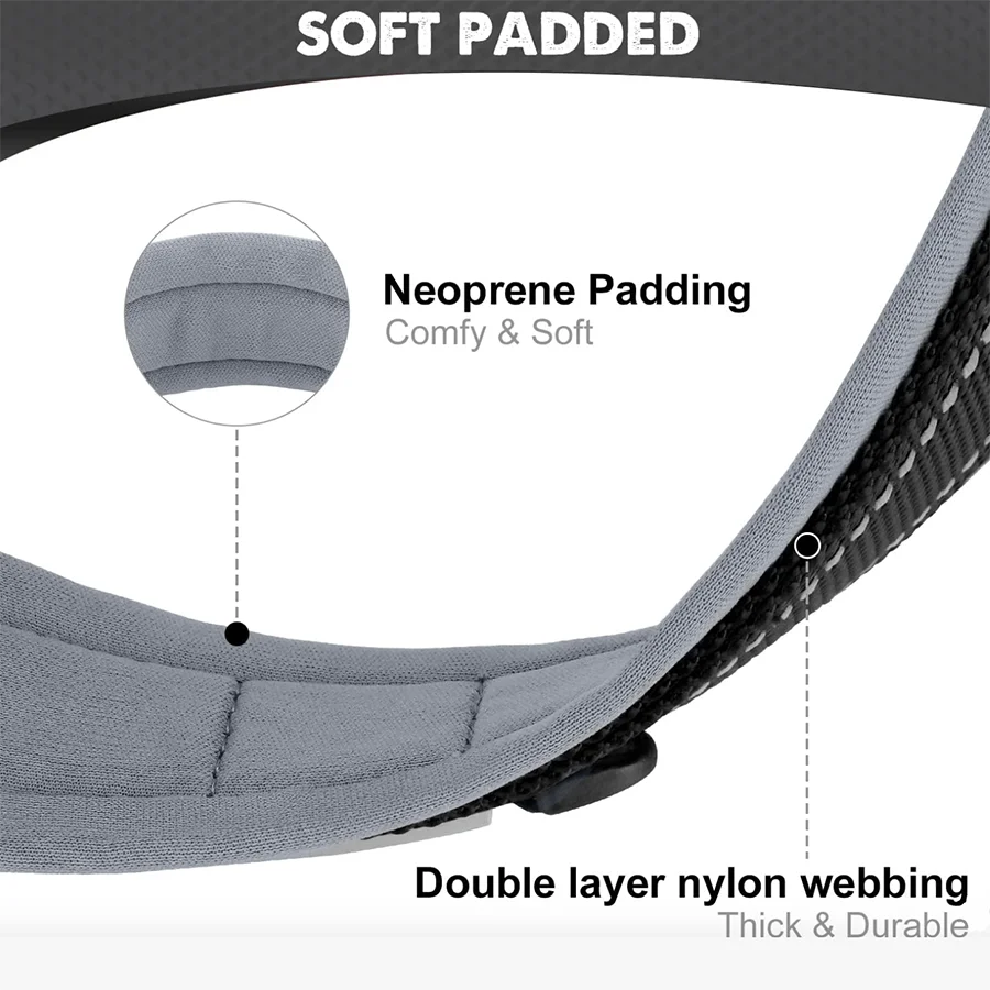 Neoprene padding and double-layer nylon webbing on a product with text labels.