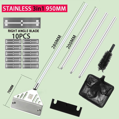 Stainless steel cleaning tool set with dimensions and quantity on a light green background